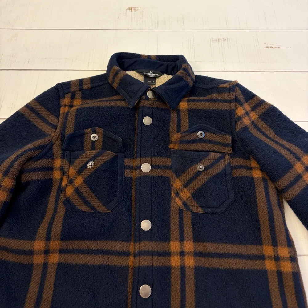 Eddie Bauer Navy Blue and Copper Brown Plaid Button-Up Shirt Jacket Boys 7